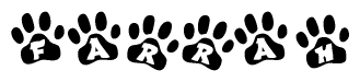 The image shows a row of animal paw prints, each containing a letter. The letters spell out the word Farrah within the paw prints.
