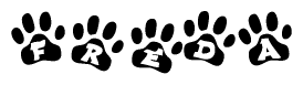 The image shows a row of animal paw prints, each containing a letter. The letters spell out the word Freda within the paw prints.
