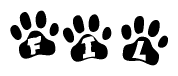 The image shows a row of animal paw prints, each containing a letter. The letters spell out the word Fil within the paw prints.