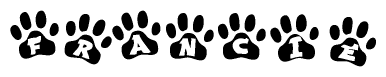 The image shows a row of animal paw prints, each containing a letter. The letters spell out the word Francie within the paw prints.
