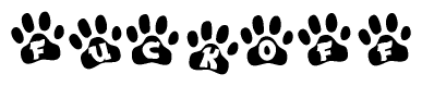 The image shows a series of animal paw prints arranged in a horizontal line. Each paw print contains a letter, and together they spell out the word Fuckoff.