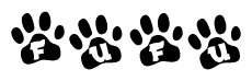 The image shows a series of animal paw prints arranged horizontally. Within each paw print, there's a letter; together they spell Fufu
