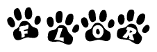 The image shows a series of animal paw prints arranged horizontally. Within each paw print, there's a letter; together they spell Flor