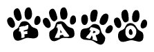 The image shows a row of animal paw prints, each containing a letter. The letters spell out the word Faro within the paw prints.