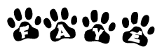 The image shows a row of animal paw prints, each containing a letter. The letters spell out the word Faye within the paw prints.