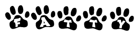 The image shows a series of animal paw prints arranged horizontally. Within each paw print, there's a letter; together they spell Fatty