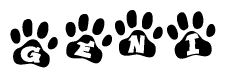 The image shows a series of animal paw prints arranged horizontally. Within each paw print, there's a letter; together they spell Geni