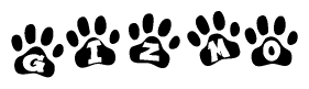 The image shows a series of animal paw prints arranged horizontally. Within each paw print, there's a letter; together they spell Gizmo