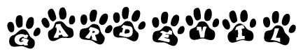 The image shows a series of animal paw prints arranged in a horizontal line. Each paw print contains a letter, and together they spell out the word Gardevil.