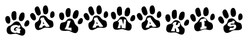 The image shows a series of animal paw prints arranged in a horizontal line. Each paw print contains a letter, and together they spell out the word Galanakis.