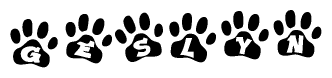 The image shows a series of animal paw prints arranged in a horizontal line. Each paw print contains a letter, and together they spell out the word Geslyn.
