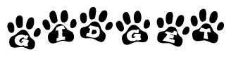 The image shows a series of animal paw prints arranged in a horizontal line. Each paw print contains a letter, and together they spell out the word Gidget.