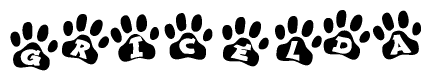 The image shows a series of animal paw prints arranged horizontally. Within each paw print, there's a letter; together they spell Gricelda
