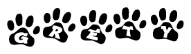 The image shows a series of animal paw prints arranged in a horizontal line. Each paw print contains a letter, and together they spell out the word Grety.
