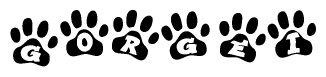 The image shows a series of animal paw prints arranged in a horizontal line. Each paw print contains a letter, and together they spell out the word Gorgei.