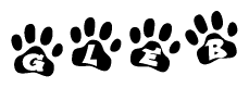 The image shows a series of animal paw prints arranged in a horizontal line. Each paw print contains a letter, and together they spell out the word Gleb.