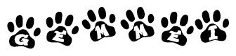 The image shows a row of animal paw prints, each containing a letter. The letters spell out the word Gemmei within the paw prints.