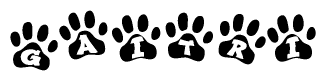 The image shows a series of animal paw prints arranged in a horizontal line. Each paw print contains a letter, and together they spell out the word Gaitri.