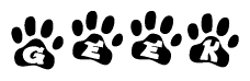 The image shows a series of animal paw prints arranged in a horizontal line. Each paw print contains a letter, and together they spell out the word Geek.