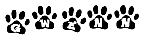 The image shows a series of animal paw prints arranged in a horizontal line. Each paw print contains a letter, and together they spell out the word Gwenn.