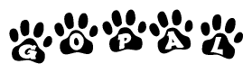 The image shows a series of animal paw prints arranged in a horizontal line. Each paw print contains a letter, and together they spell out the word Gopal.