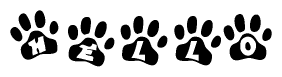 The image shows a series of animal paw prints arranged horizontally. Within each paw print, there's a letter; together they spell Hello