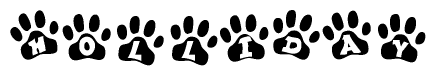 The image shows a row of animal paw prints, each containing a letter. The letters spell out the word Holliday within the paw prints.