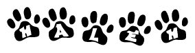 The image shows a series of animal paw prints arranged in a horizontal line. Each paw print contains a letter, and together they spell out the word Haleh.
