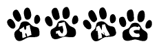 The image shows a series of animal paw prints arranged horizontally. Within each paw print, there's a letter; together they spell Hjmc