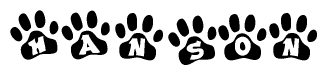 The image shows a series of animal paw prints arranged in a horizontal line. Each paw print contains a letter, and together they spell out the word Hanson.