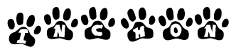 The image shows a row of animal paw prints, each containing a letter. The letters spell out the word Inchon within the paw prints.
