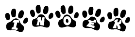 The image shows a series of animal paw prints arranged in a horizontal line. Each paw print contains a letter, and together they spell out the word Inoek.