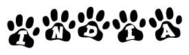 The image shows a series of animal paw prints arranged in a horizontal line. Each paw print contains a letter, and together they spell out the word India.