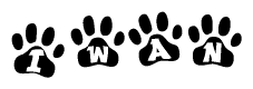 The image shows a row of animal paw prints, each containing a letter. The letters spell out the word Iwan within the paw prints.