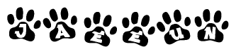 The image shows a series of animal paw prints arranged in a horizontal line. Each paw print contains a letter, and together they spell out the word Jaeeun.