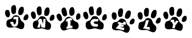 The image shows a row of animal paw prints, each containing a letter. The letters spell out the word Jnicely within the paw prints.