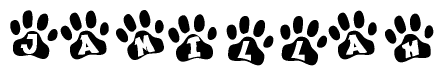 The image shows a row of animal paw prints, each containing a letter. The letters spell out the word Jamillah within the paw prints.