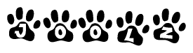 The image shows a row of animal paw prints, each containing a letter. The letters spell out the word Joolz within the paw prints.