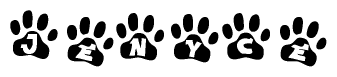 The image shows a series of animal paw prints arranged horizontally. Within each paw print, there's a letter; together they spell Jenyce