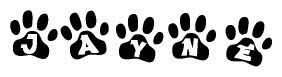 The image shows a row of animal paw prints, each containing a letter. The letters spell out the word Jayne within the paw prints.