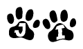 The image shows a row of animal paw prints, each containing a letter. The letters spell out the word Ji within the paw prints.
