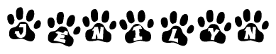 The image shows a row of animal paw prints, each containing a letter. The letters spell out the word Jenilyn within the paw prints.