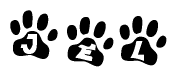 The image shows a series of animal paw prints arranged in a horizontal line. Each paw print contains a letter, and together they spell out the word Jel.