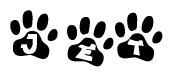 The image shows a row of animal paw prints, each containing a letter. The letters spell out the word Jet within the paw prints.