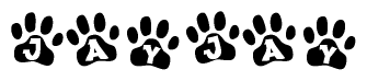The image shows a series of animal paw prints arranged horizontally. Within each paw print, there's a letter; together they spell Jayjay
