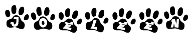 The image shows a row of animal paw prints, each containing a letter. The letters spell out the word Joeleen within the paw prints.