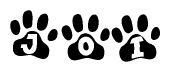 The image shows a row of animal paw prints, each containing a letter. The letters spell out the word Joi within the paw prints.