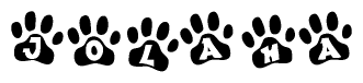 The image shows a row of animal paw prints, each containing a letter. The letters spell out the word Jolaha within the paw prints.