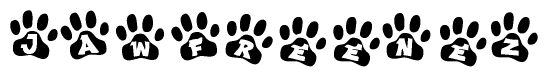 The image shows a series of animal paw prints arranged in a horizontal line. Each paw print contains a letter, and together they spell out the word Jawfreenez.