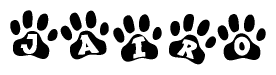 The image shows a series of animal paw prints arranged in a horizontal line. Each paw print contains a letter, and together they spell out the word Jairo.